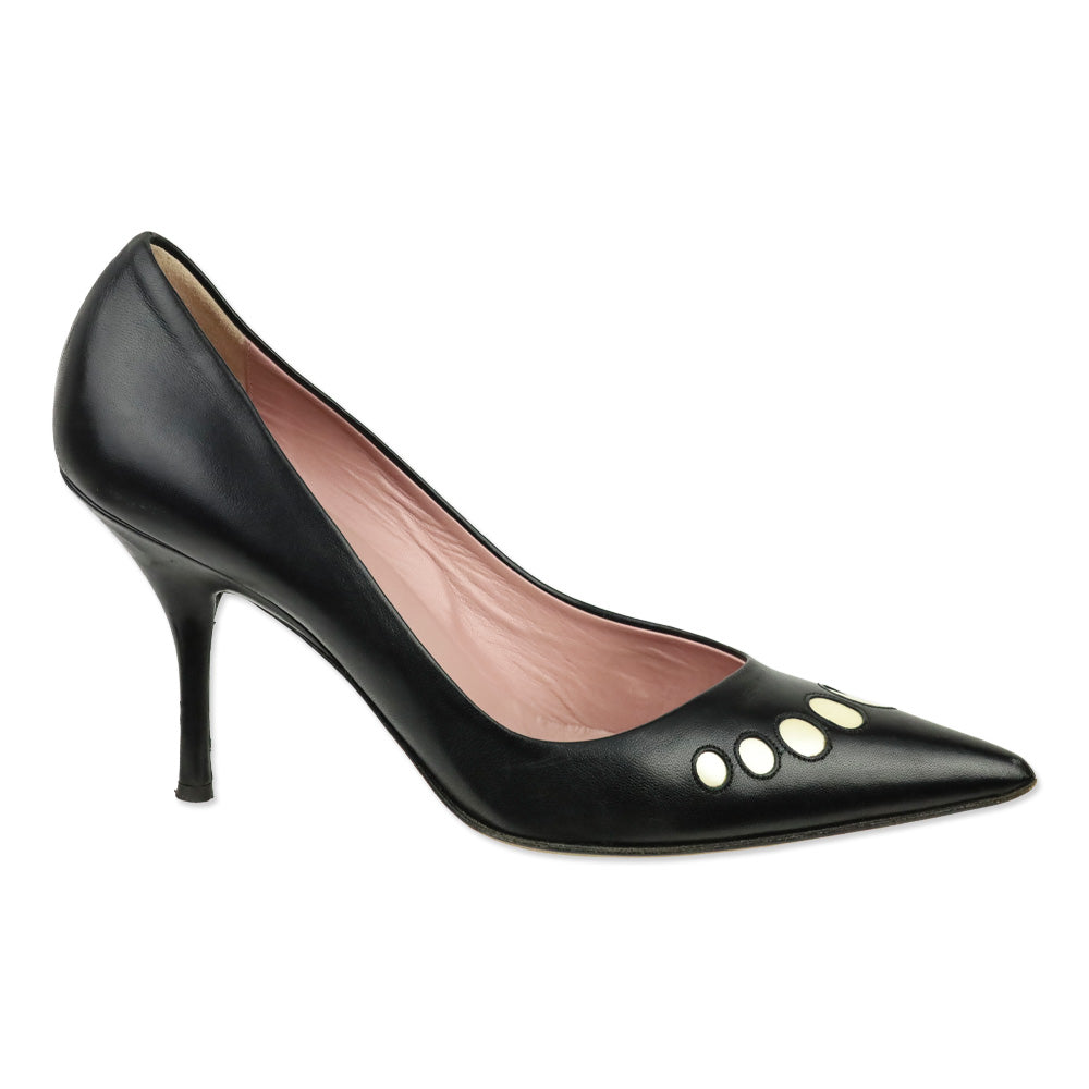 Moschino Cheap & Chic Pointed Toe White Dot Accented Black Leather Heels