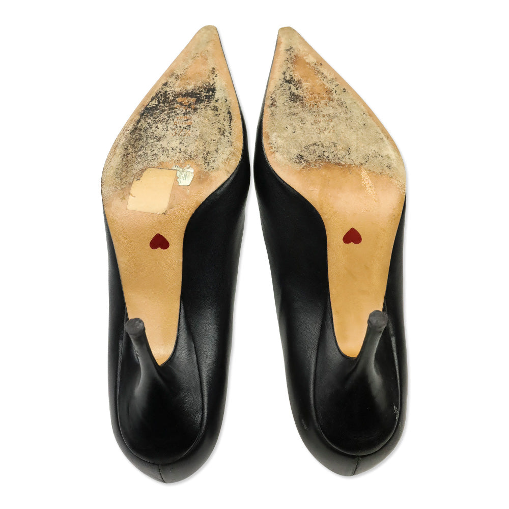 Moschino Cheap & Chic Pointed Toe White Dot Accented Black Leather Heels