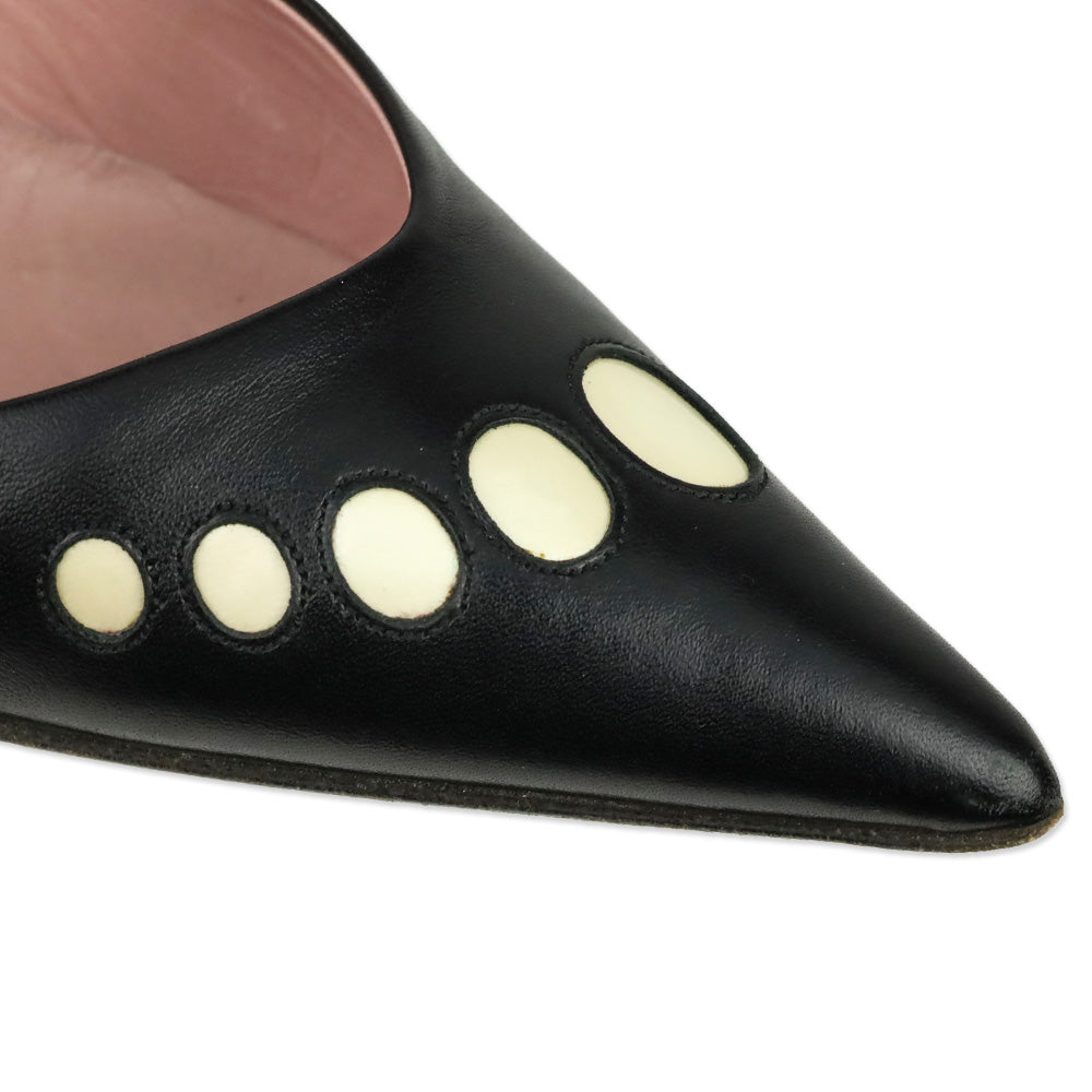 Moschino Cheap & Chic Pointed Toe White Dot Accented Black Leather Heels