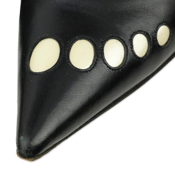 Moschino Cheap & Chic Pointed Toe White Dot Accented Black Leather Heels