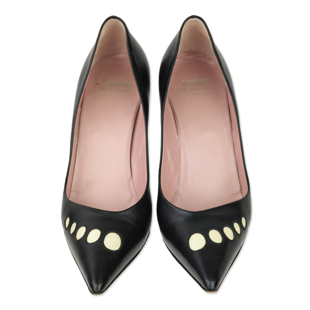 Moschino Cheap & Chic Pointed Toe White Dot Accented Black Leather Heels