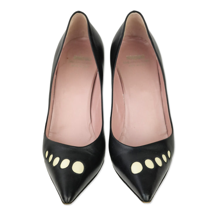Moschino Cheap & Chic Pointed Toe White Dot Accented Black Leather Heels