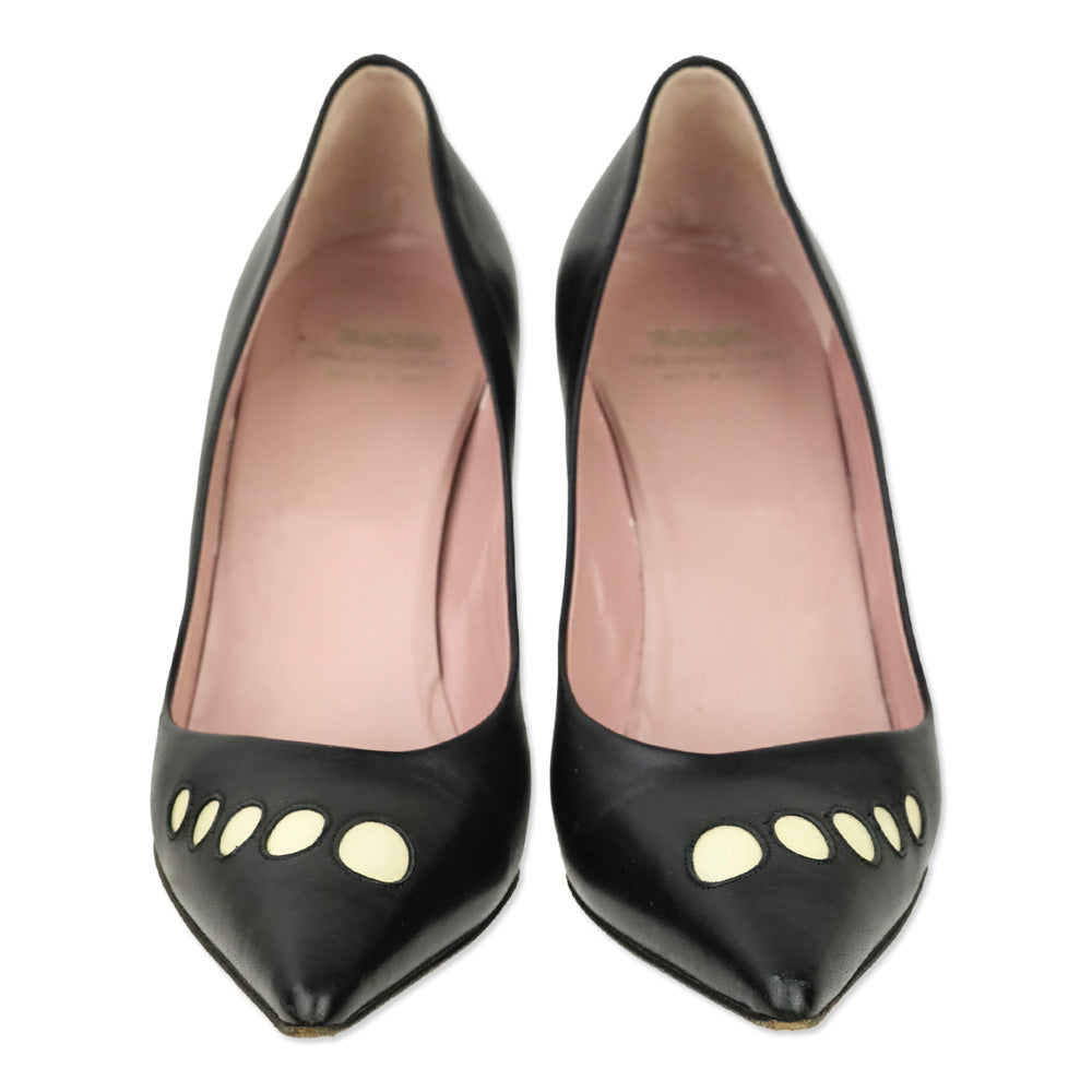Moschino Cheap & Chic Pointed Toe White Dot Accented Black Leather Heels