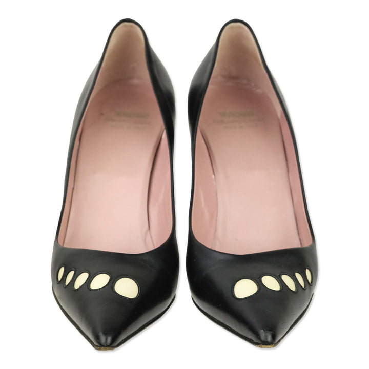 Moschino Cheap & Chic Pointed Toe White Dot Accented Black Leather Heels