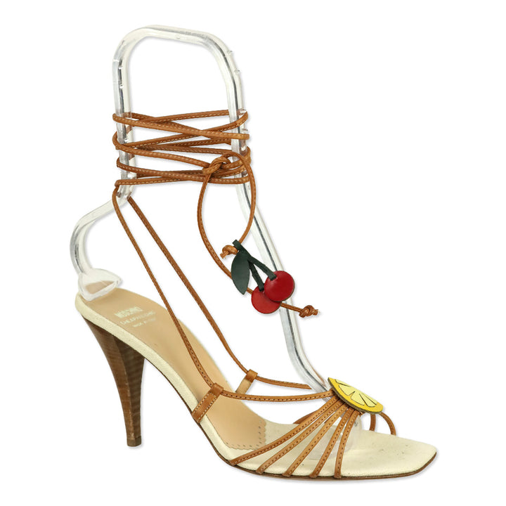 Moschino Cheap and Chic Brown Leather Fruit Appliqué Strappy Sandals