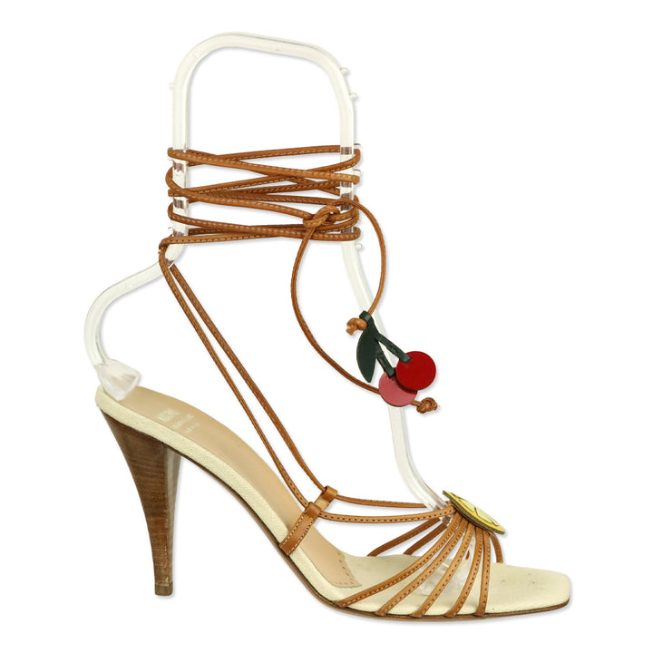 Moschino Cheap and Chic Brown Leather Fruit Appliqué Strappy Sandals