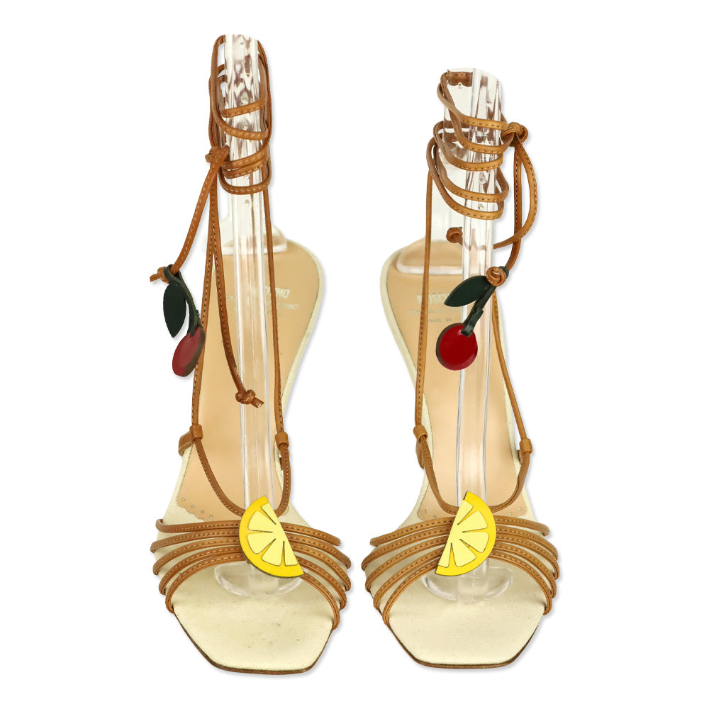 Moschino Cheap and Chic Brown Leather Fruit Appliqué Strappy Sandals