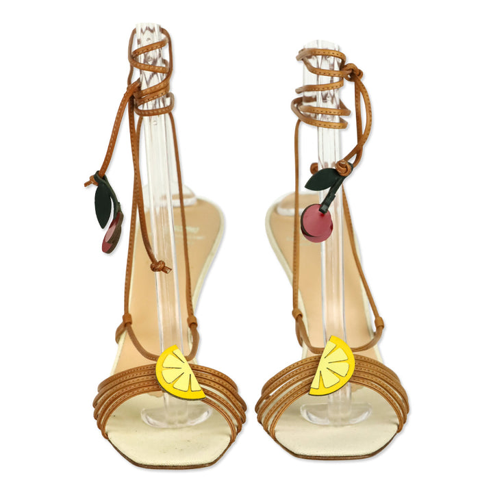 Moschino Cheap and Chic Brown Leather Fruit Appliqué Strappy Sandals