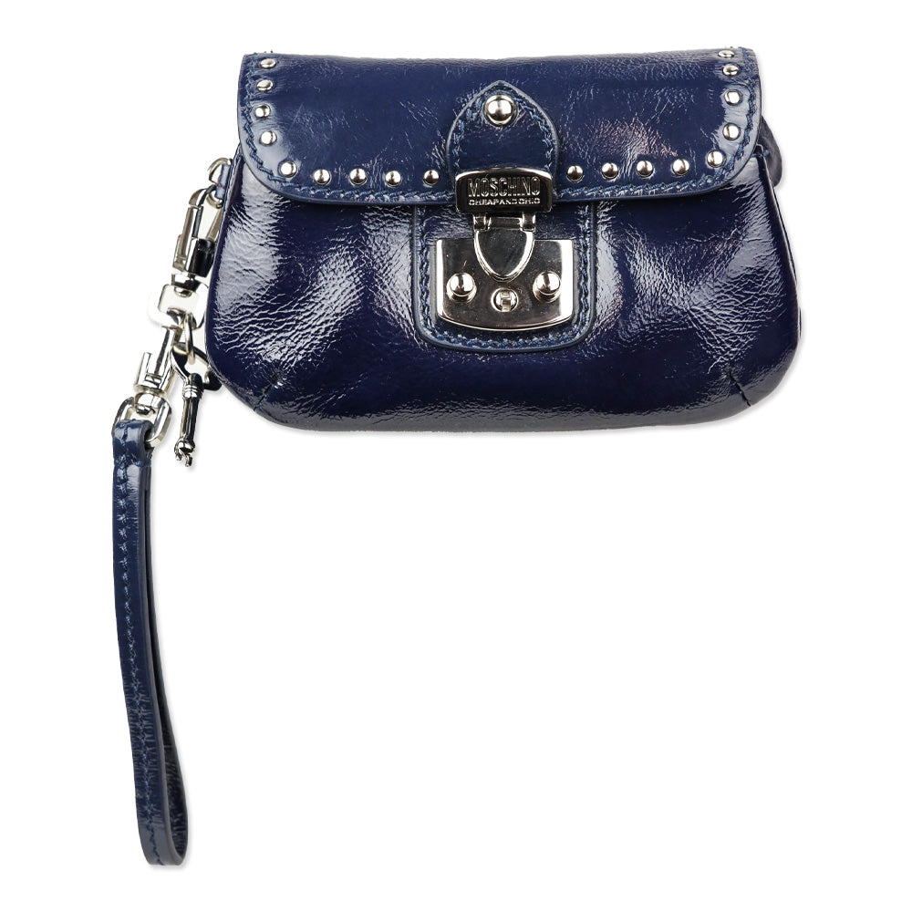 Moschino Cheap and Chic Navy Crinkle Patent Leather Wristlet
