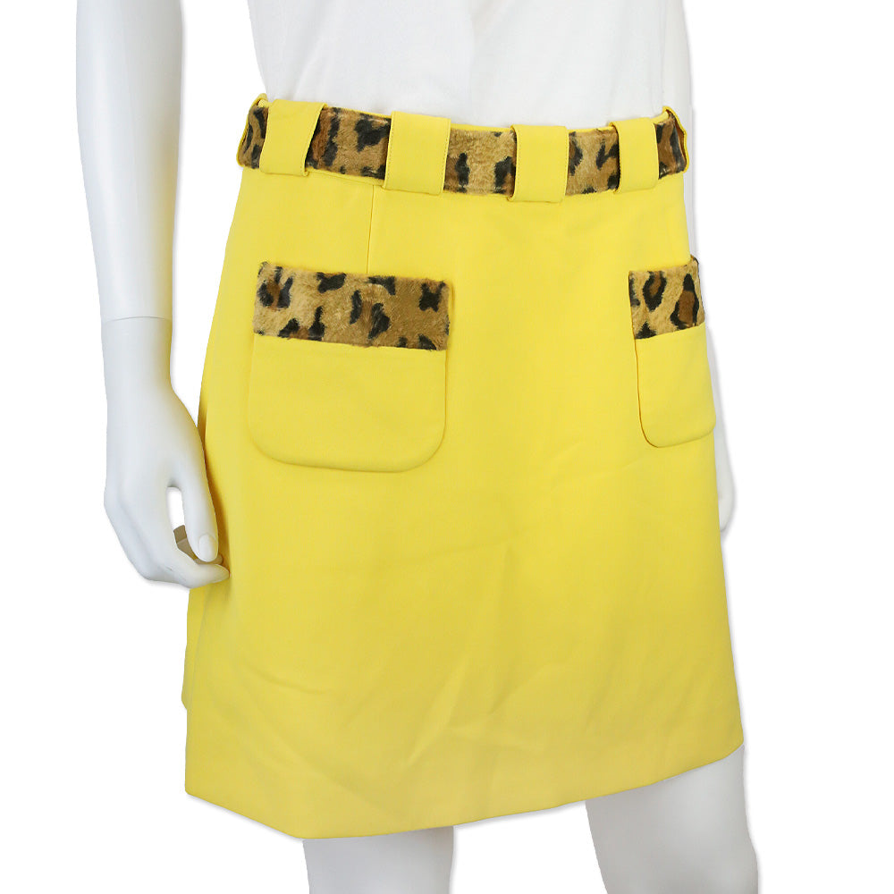 Moschino Couture Yellow Skirt with Leopard Print Fur Belt and Pocket Detail