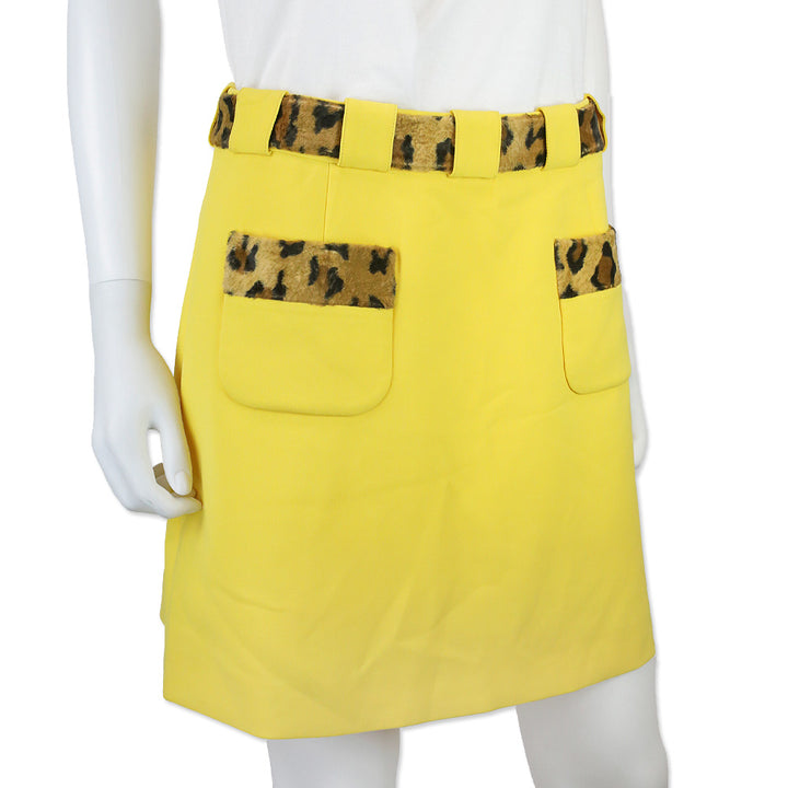 Moschino Couture Yellow Skirt with Leopard Print Fur Belt and Pocket Detail