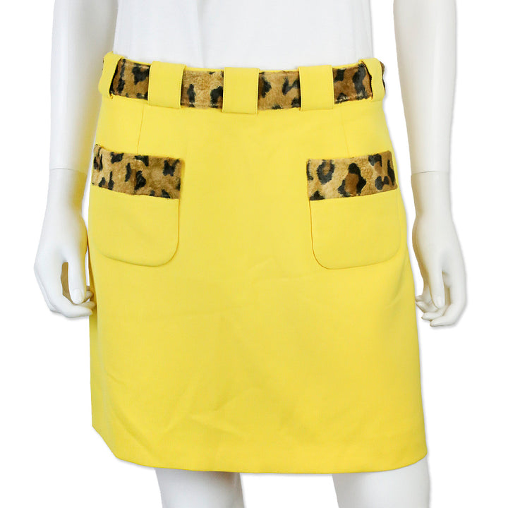 Moschino Couture Yellow Skirt with Leopard Print Fur Belt and Pocket Detail