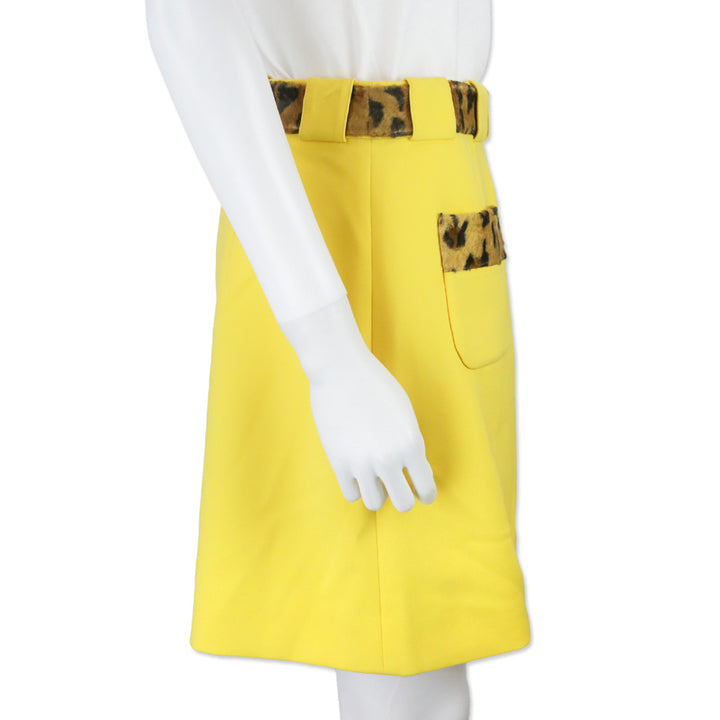 Moschino Couture Yellow Skirt with Leopard Print Fur Belt and Pocket Detail
