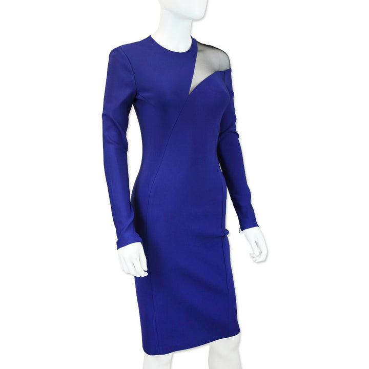 Mugler Blue Viscose Long-Sleeve Sheet Dress with Mesh Panel