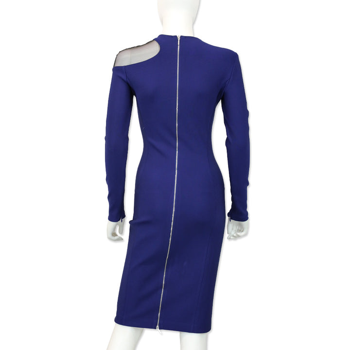 Mugler Blue Viscose Long-Sleeve Sheet Dress with Mesh Panel