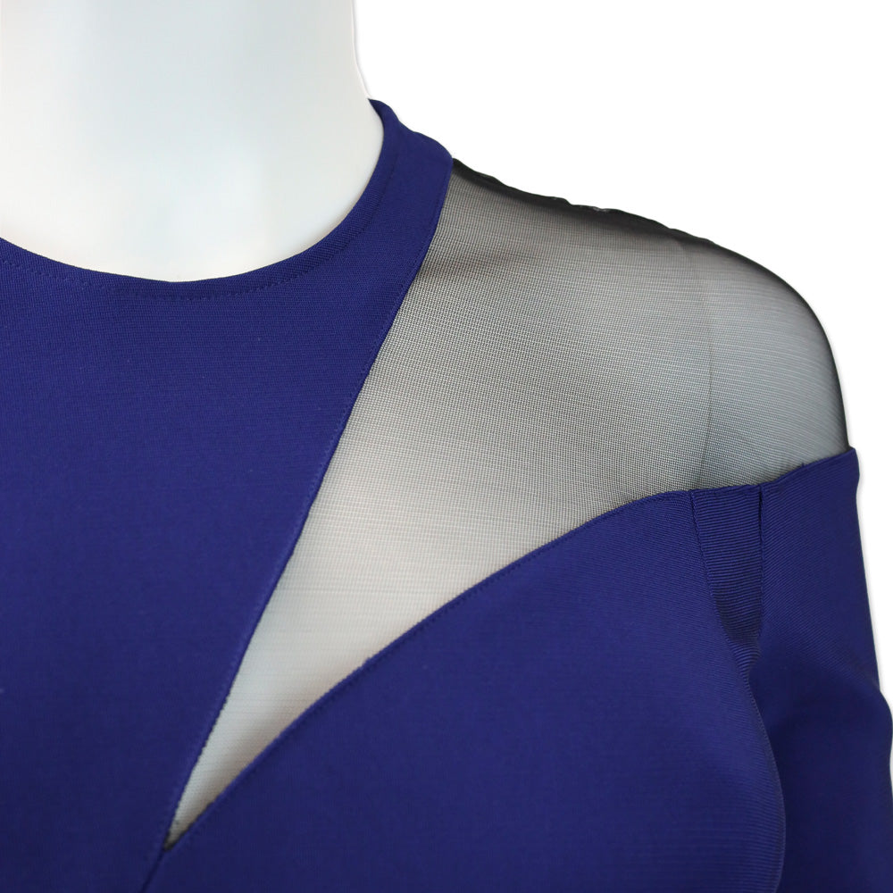 Mugler Blue Viscose Long-Sleeve Sheet Dress with Mesh Panel