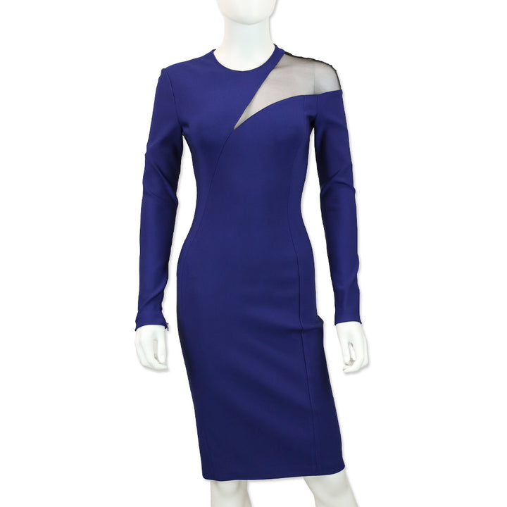 Mugler Blue Viscose Long-Sleeve Sheet Dress with Mesh Panel