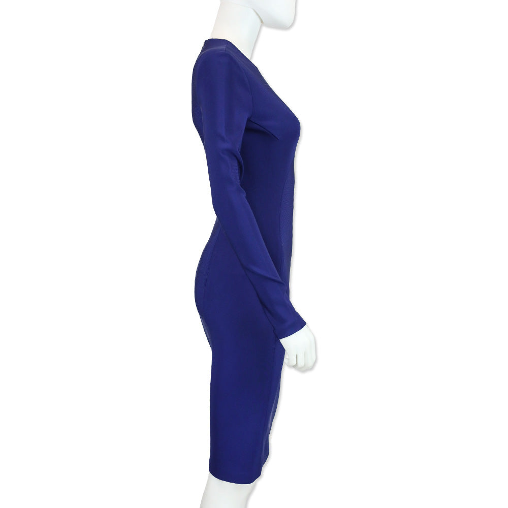 Mugler Blue Viscose Long-Sleeve Sheet Dress with Mesh Panel