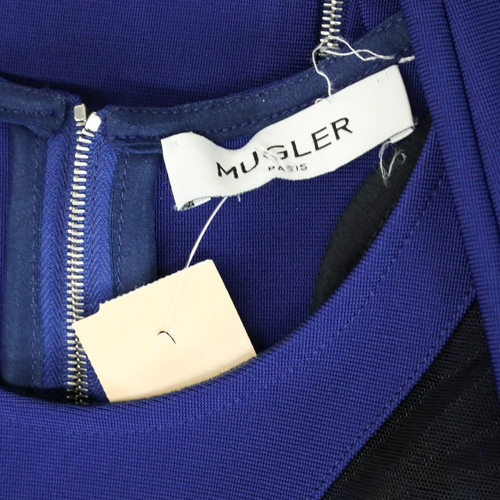 Mugler Blue Viscose Long-Sleeve Sheet Dress with Mesh Panel