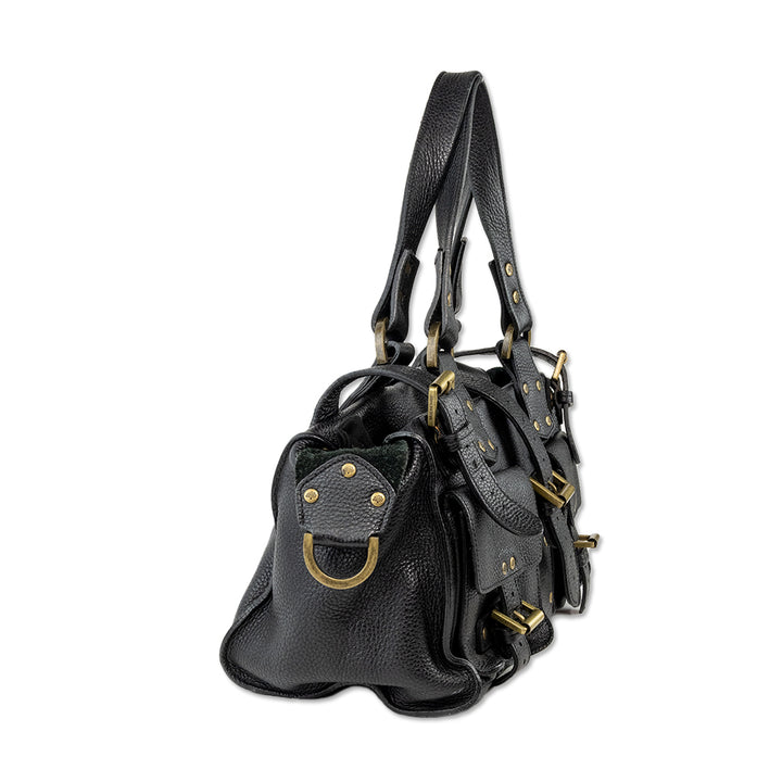 Mulberry Black Leather Shoulder Bag with Exterior Pockets and Brass Toned Hardware