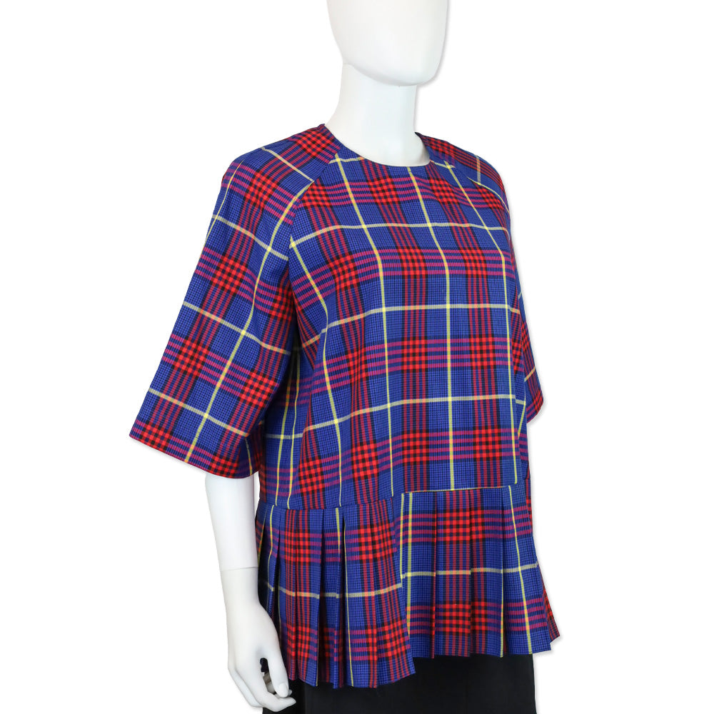 Mulberry Blue/Red Plaid 3/4 Sleeve Pleated Peplum Shirt