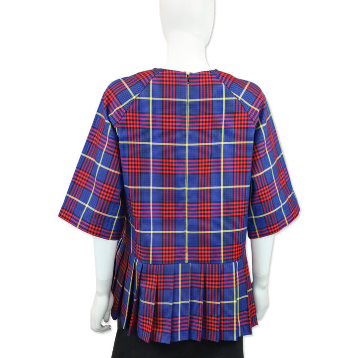 Mulberry Blue/Red Plaid 3/4 Sleeve Pleated Peplum Shirt