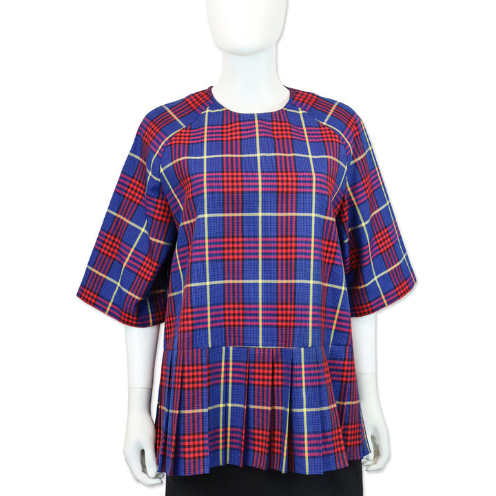 Mulberry Blue/Red Plaid 3/4 Sleeve Pleated Peplum Shirt