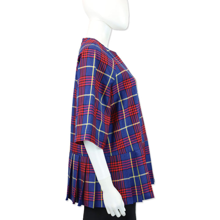 Mulberry Blue/Red Plaid 3/4 Sleeve Pleated Peplum Shirt