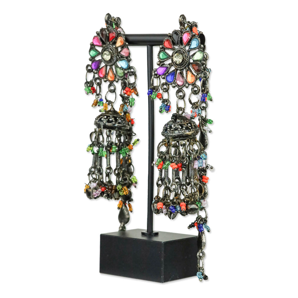 Multicolor Crystal and Bead Antique Silver Bell Jhumka Drop Earrings