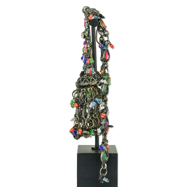 Multicolor Crystal and Bead Antique Silver Bell Jhumka Drop Earrings