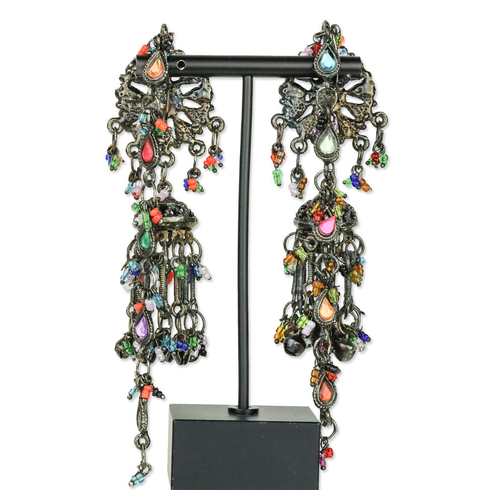 Multicolor Crystal and Bead Antique Silver Bell Jhumka Drop Earrings
