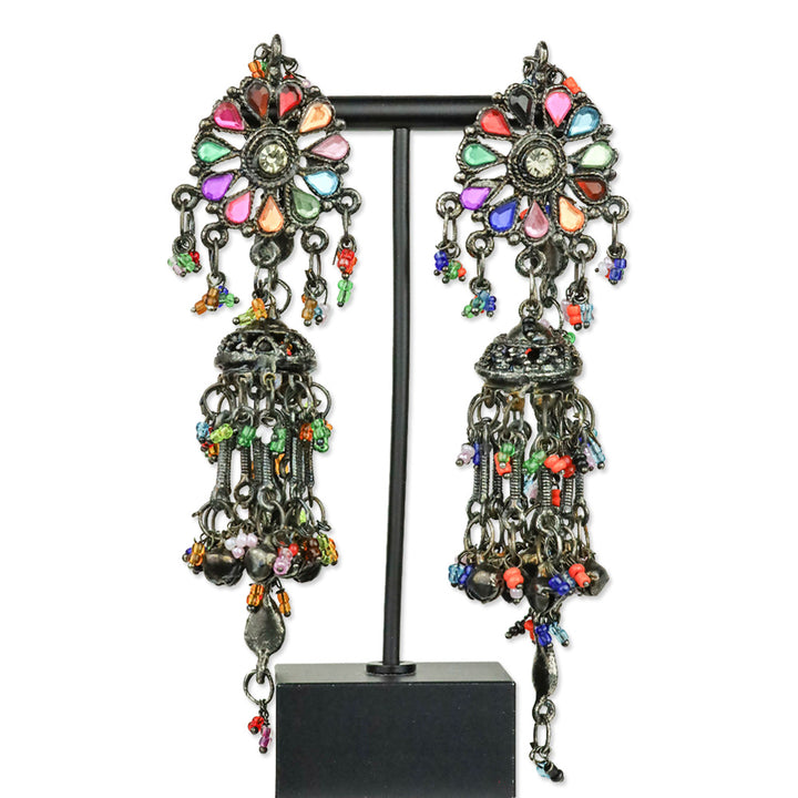 Multicolor Crystal and Bead Antique Silver Bell Jhumka Drop Earrings