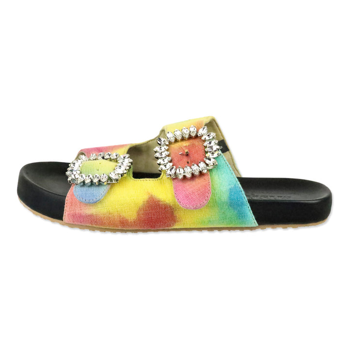 Mystique Rainbow Tie Dye Denim Crystal Buckle Slide Sandals