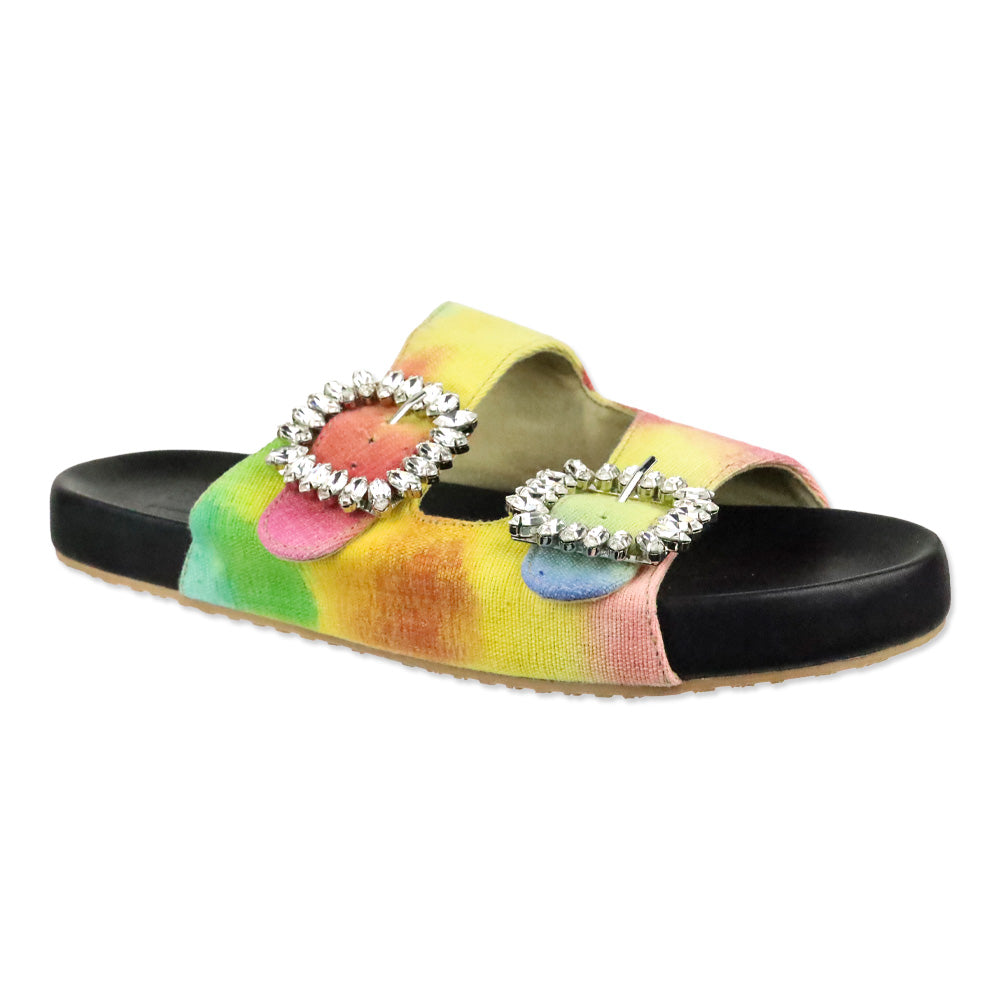 Mystique Rainbow Tie Dye Denim Crystal Buckle Slide Sandals