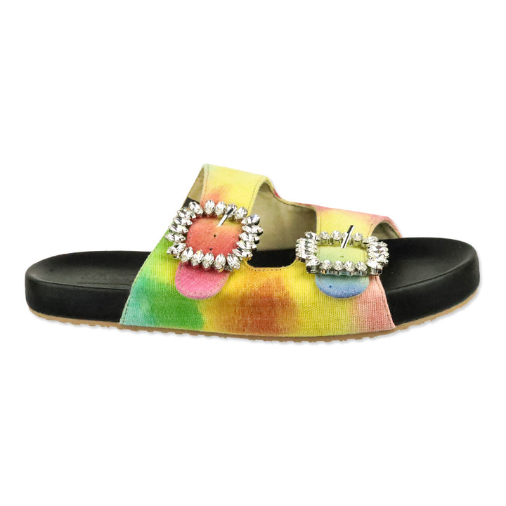 Mystique Rainbow Tie Dye Denim Crystal Buckle Slide Sandals