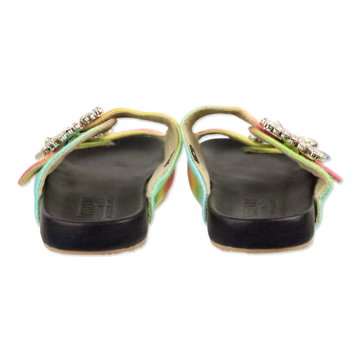 Mystique Rainbow Tie Dye Denim Crystal Buckle Slide Sandals