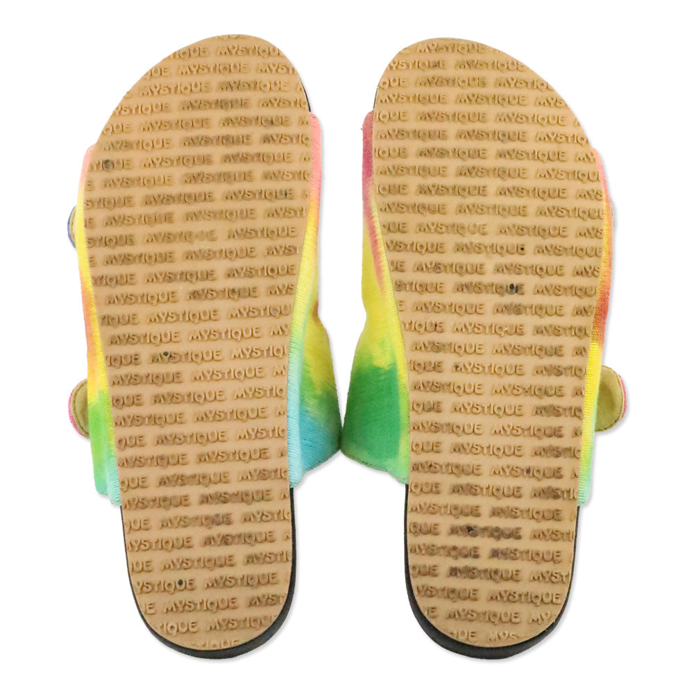Mystique Rainbow Tie Dye Denim Crystal Buckle Slide Sandals