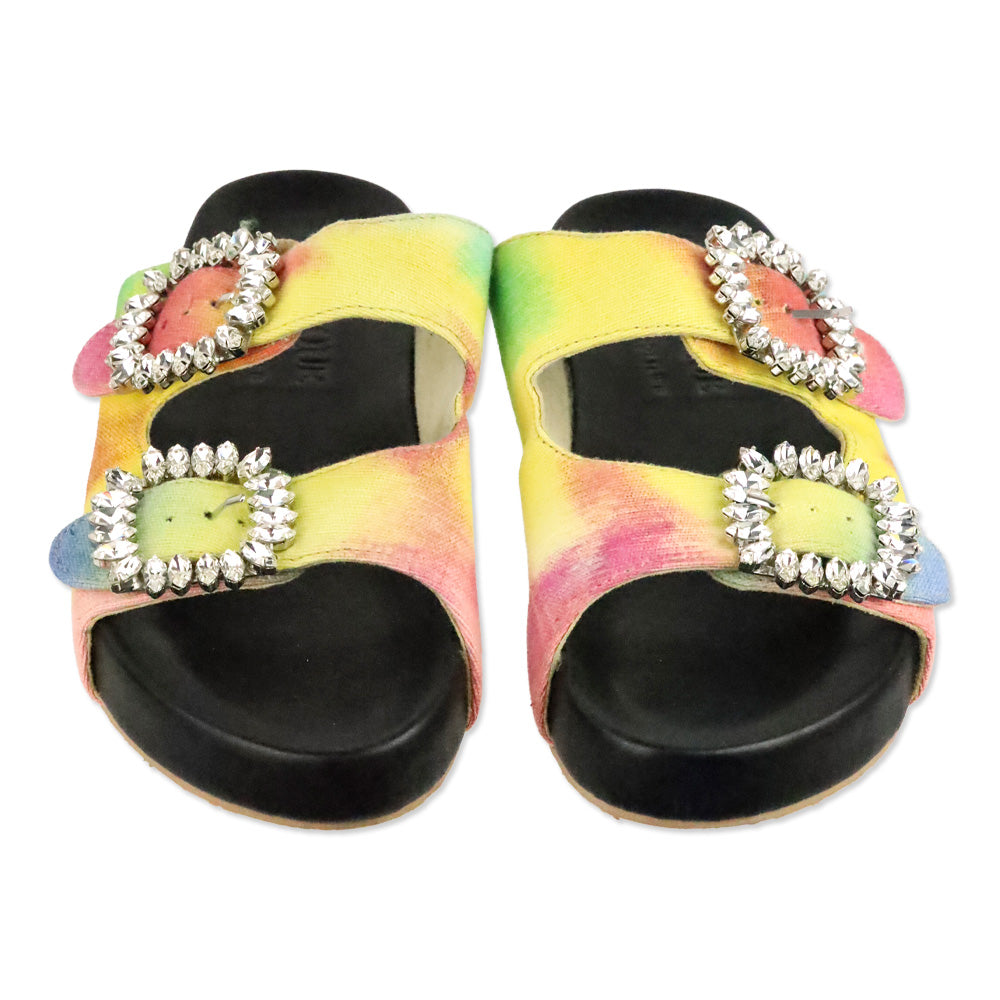 Mystique Rainbow Tie Dye Denim Crystal Buckle Slide Sandals