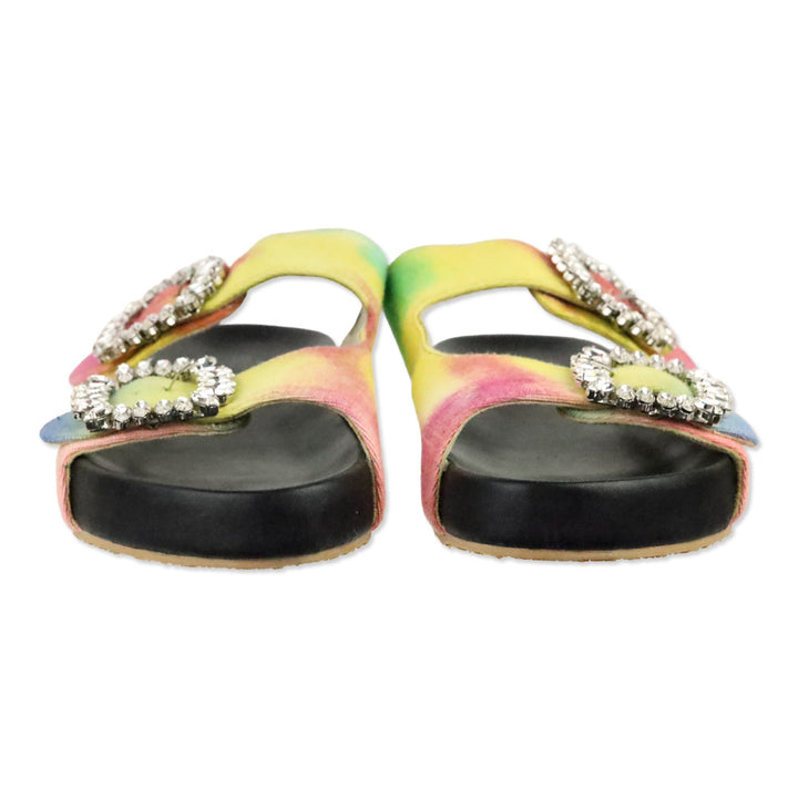 Mystique Rainbow Tie Dye Denim Crystal Buckle Slide Sandals