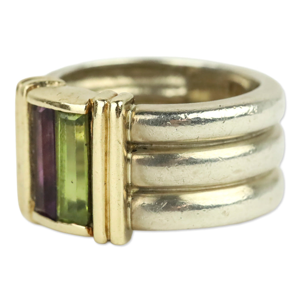 'NR' Green & Purple Baguette Stone 14K Sterling Ring