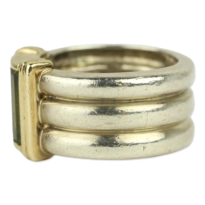 'NR' Green & Purple Baguette Stone 14K Sterling Ring