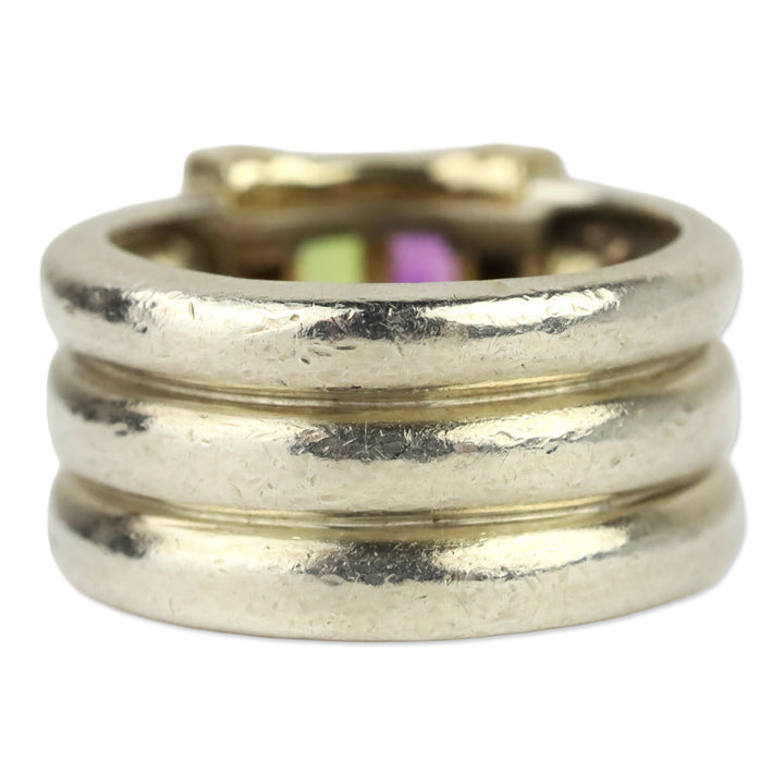 'NR' Green & Purple Baguette Stone 14K Sterling Ring