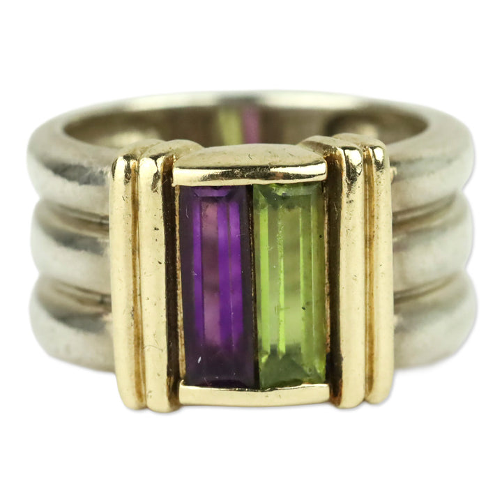 'NR' Green & Purple Baguette Stone 14K Sterling Ring