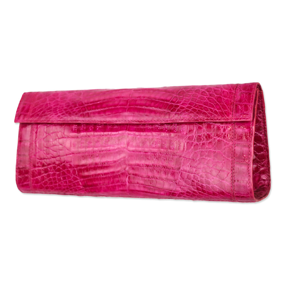 Nancy Gonzalez Magenta Glossy Crocodile Embossed Leather Clutch