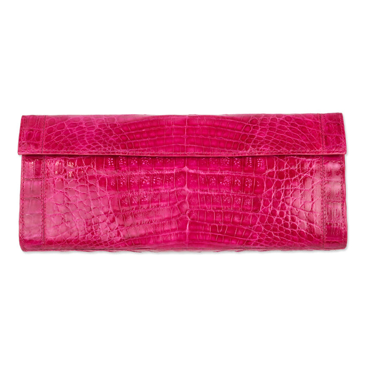 Nancy Gonzalez Magenta Glossy Crocodile Embossed Leather Clutch