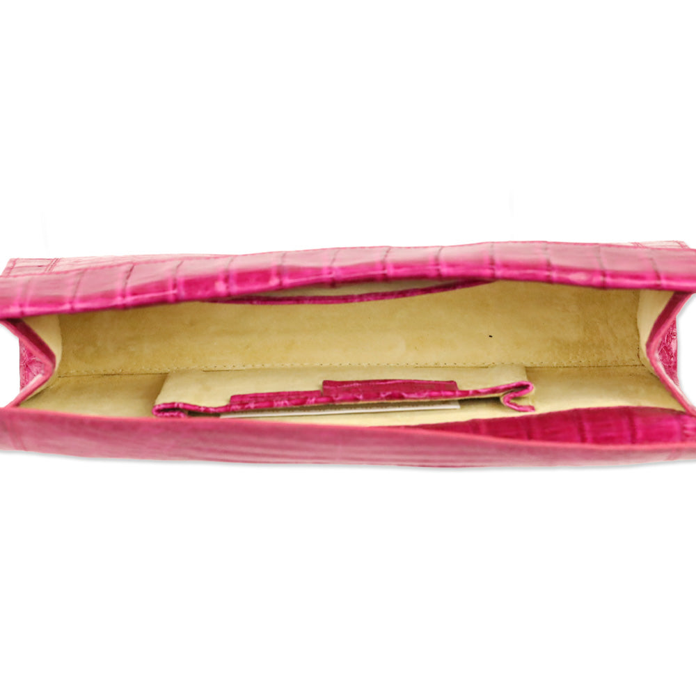 Nancy Gonzalez Magenta Glossy Crocodile Embossed Leather Clutch