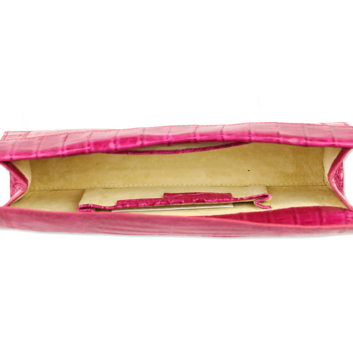 Nancy Gonzalez Magenta Glossy Crocodile Embossed Leather Clutch