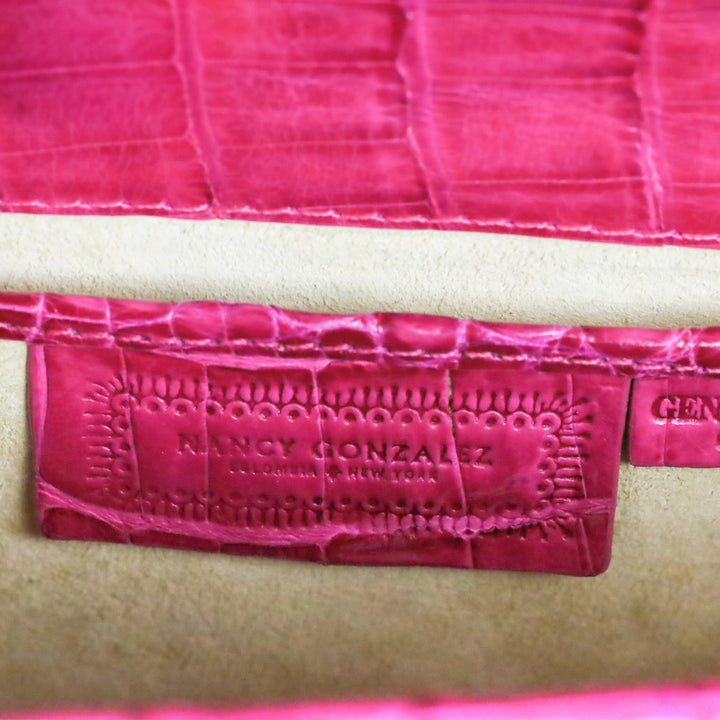 Nancy Gonzalez Magenta Glossy Crocodile Embossed Leather Clutch