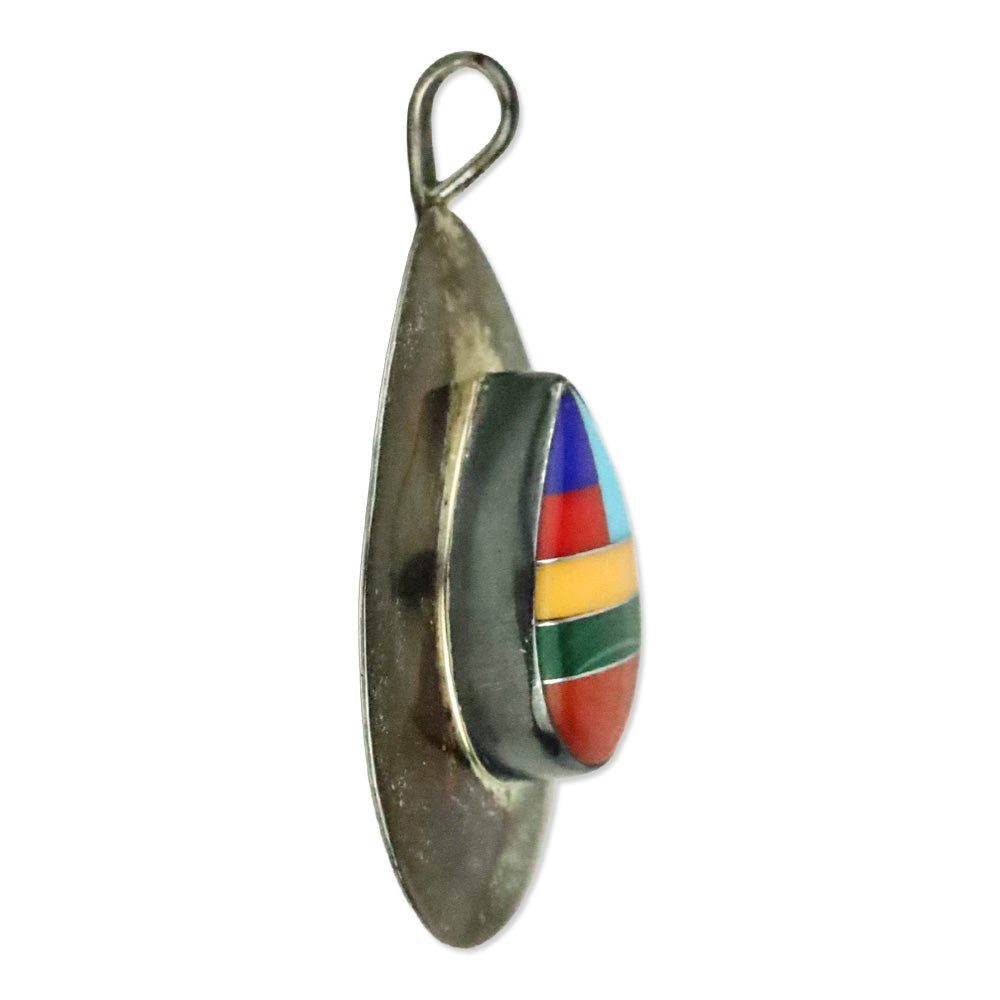 Native American Multi-Color Stone Inlaid Sterling Silver Pear Shape Pendant