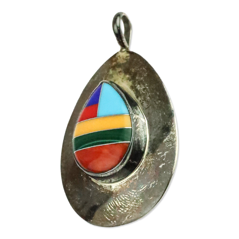 Native American Multi-Color Stone Inlaid Sterling Silver Pear Shape Pendant